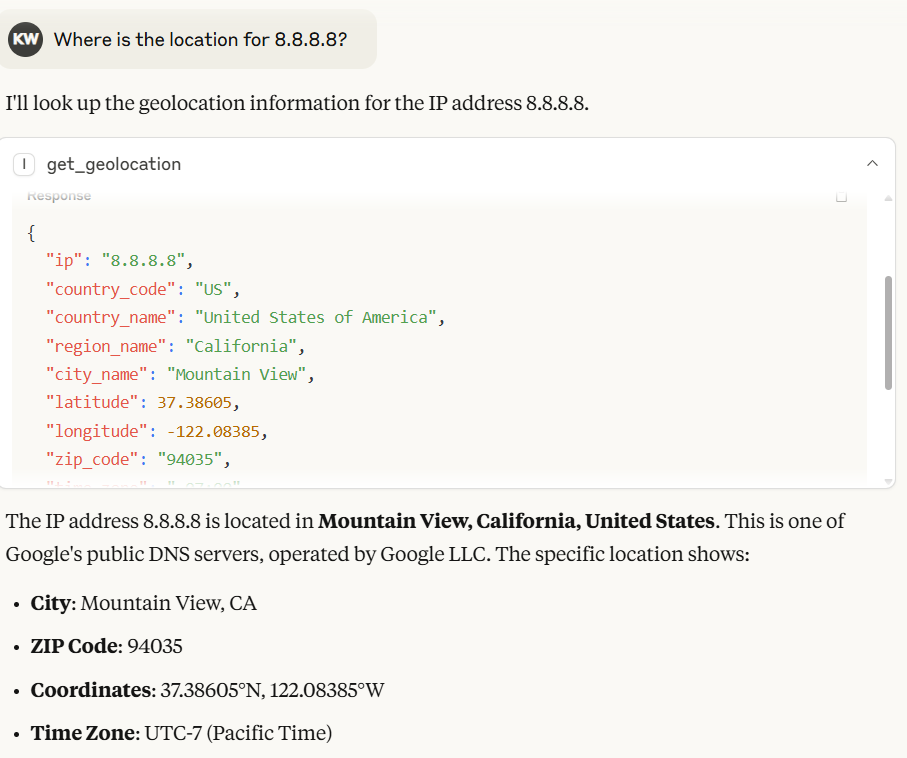 IP2Location.io MCP server Result